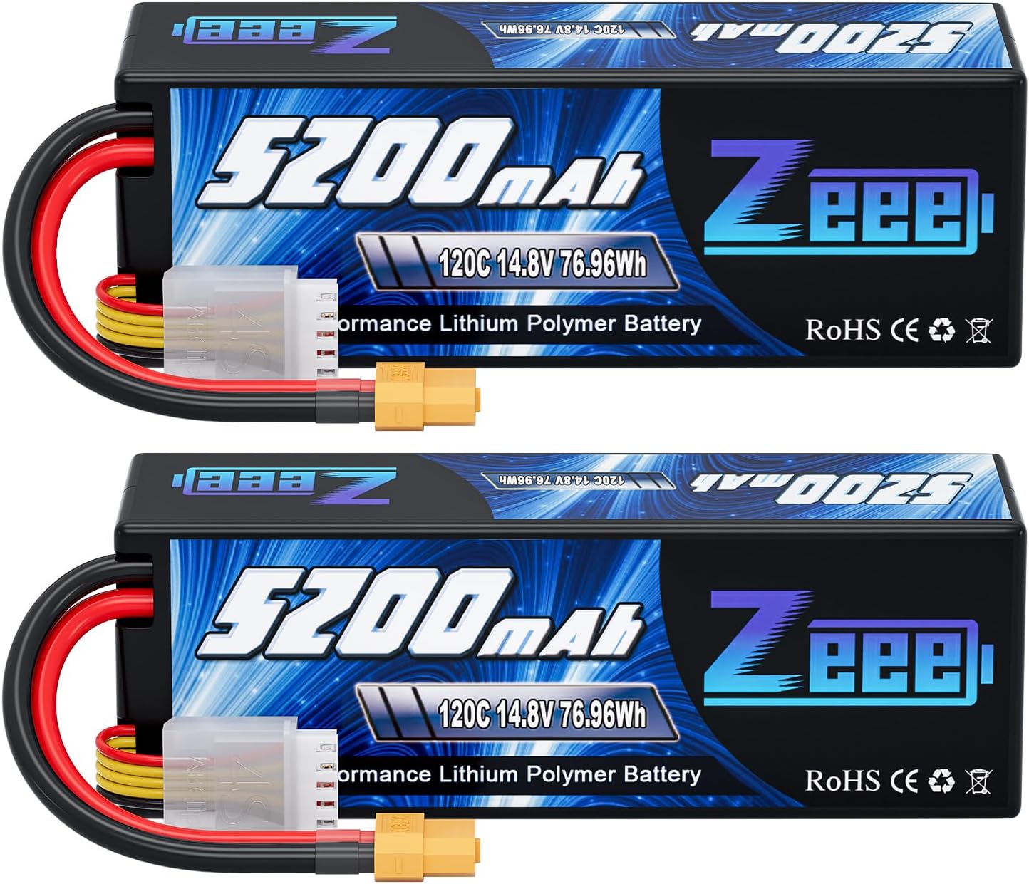 Zeee 4S Lipo Battery 5200mAh 14.8V 120C with XT60 Plug (2 Pack) | Hard Case RC Battery for RC Car Truck Vehicles RC Buggy Truggy 1/10 Scale Racing Hobby Models
